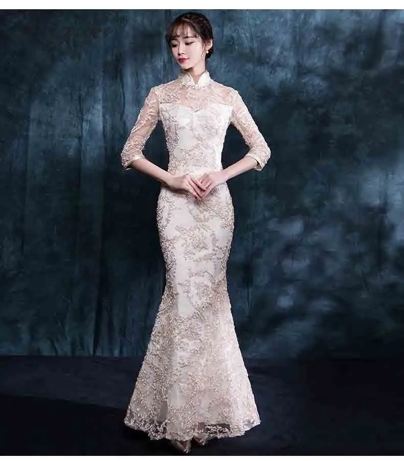Moda encaje Cheongsam модерано Китай чаман Qi Pao mujeres chino vestido de noche Qipao Восточный estilo sirena vestido tnunica