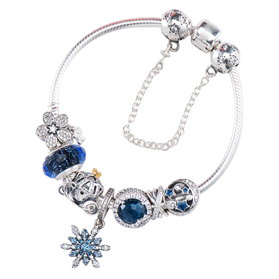 

100% 925 Sterling Silver Brand New 1:1 Genuine Glamour Night And Star Shine Snowflake Bracelet Set Elegant Temperament Jewelry