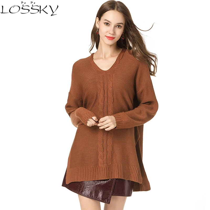 Women Knitted Sweater Pullovers V Neck Long Sleeves Ladies Split Hem Outwear 2018 Autumn Winter NEW Fashion Long Female Sweaters Women Knitted Sweater Pullovers V Neck Long Sleeves Ladies Split Hem Outwear 2018 Autumn Winter NEW Fashion Long Female Sweaters