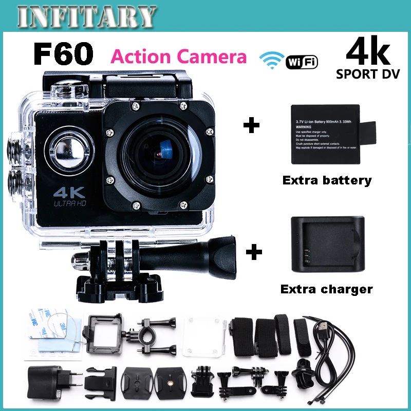  Go Pro hero 4 style Action Camera 4K F60 WiFi Sport Camera 30M Waterproof mini Cam 1080p HD cam+ Charger+ Battery Free Shipping 