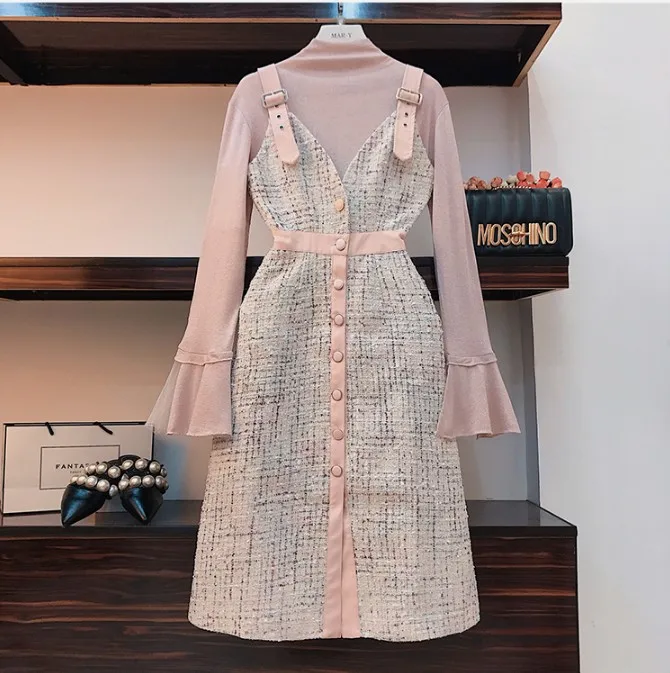 

2018 New Fashion Autumn Women's Flare Sleeve Basic Shirt + Suspender Long Woolen Dress Two Piece Ladies Sweet Dress Set