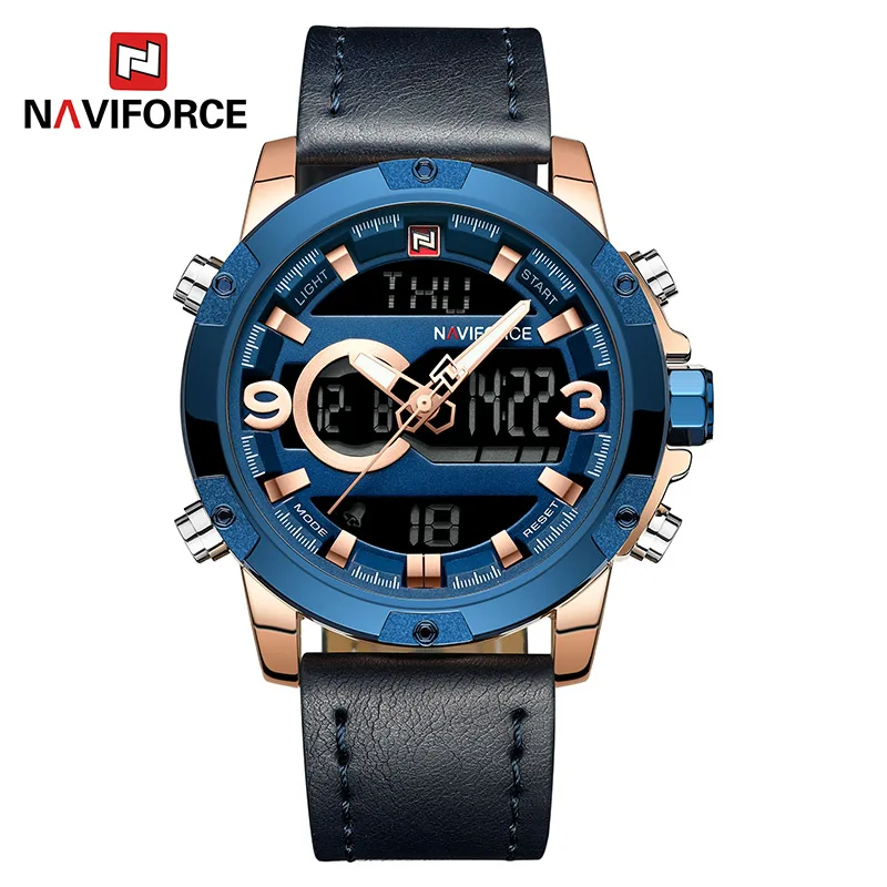 Мужские наручные часы NAVIFORCE спортивные с кожаным ремешком в стиле милитари