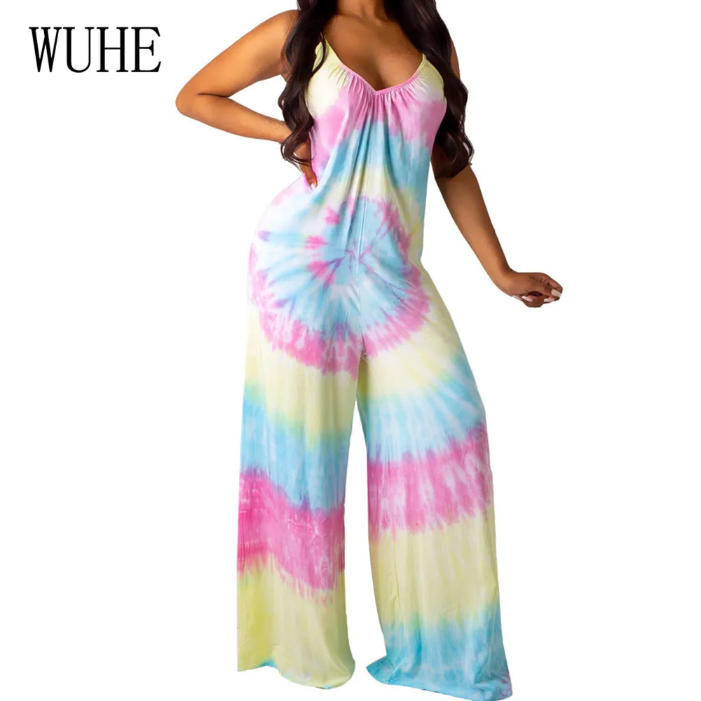 

WUHE Hollow Out Sleeveless Wide Leg Playsuits Sexy Deep V Neck Vintage Print Loose Jumpsuits Women Summer Casual Club Overalls