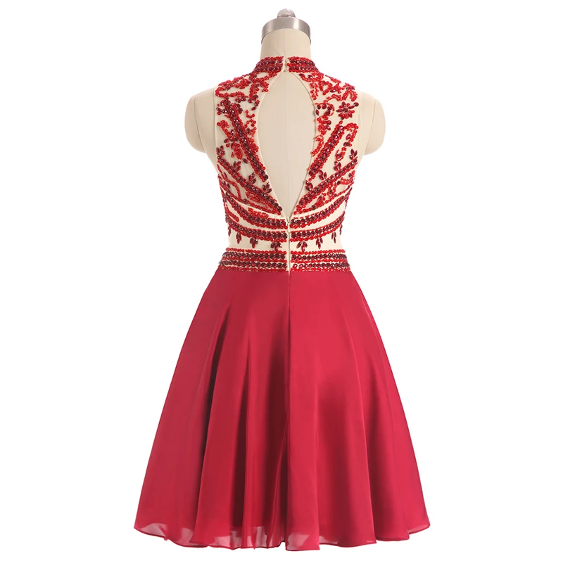 Новые модные короткие Коктейльные платья 2018 линия Высокий Средства ухода за кожей Шеи из бисера Кристаллы Красный Короткое платье;
