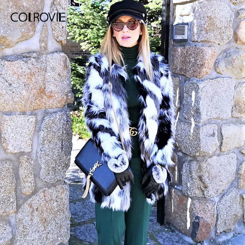 COLROVIE Faux Fur Fuzzy Coat Women ColorBlock Open Front Elegant Autumn Coats Fashion Winter Long Sleeve OL Work Coat Outerwear