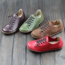 Women Shoes Flat 100% Authentic Leather Round toe Lace up Ladies Shoes Flats Woman Moccasins Female Footwear (5188-6)