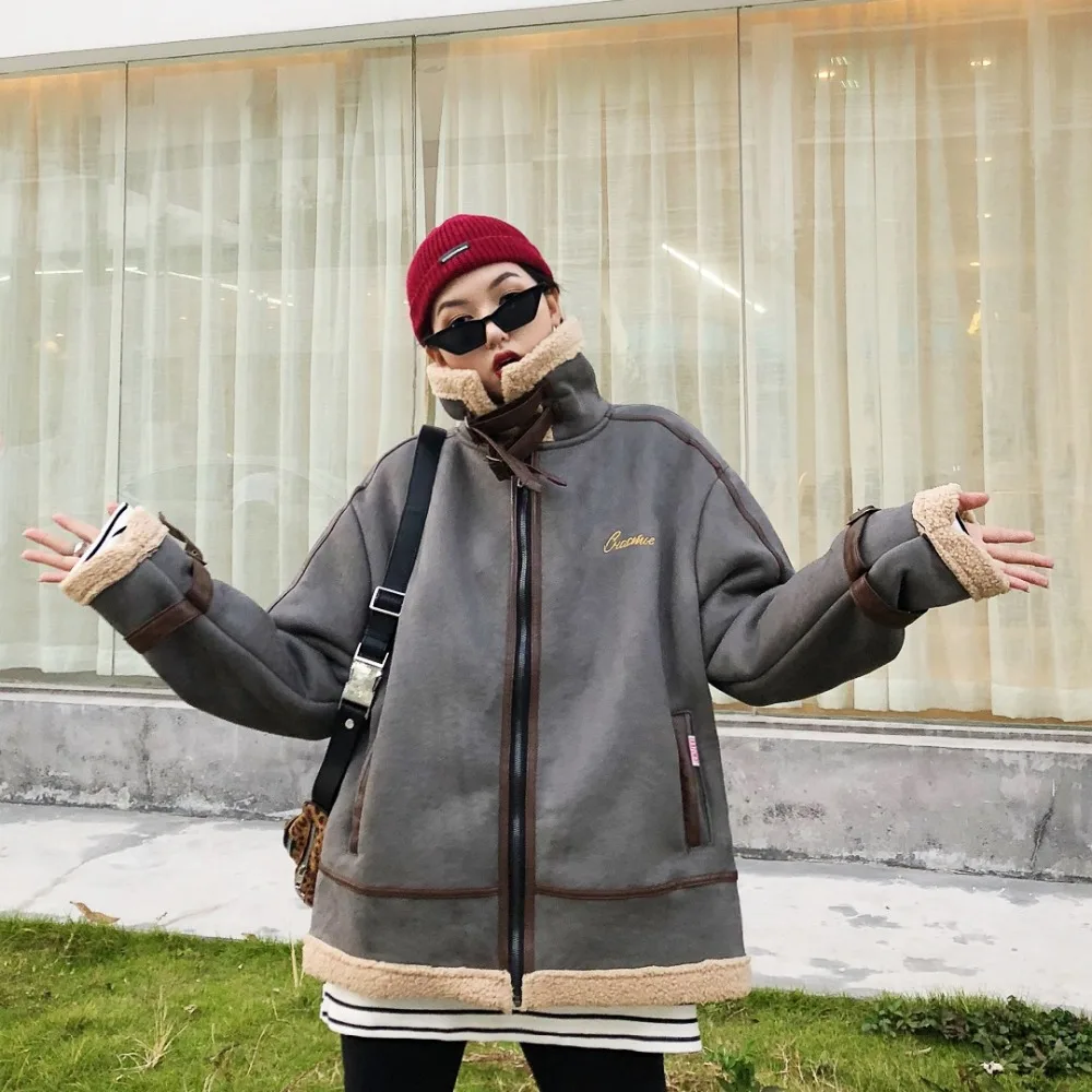 Зимняя женская Ретро мода плюшевый воротник, BF свободное уличное кольцо со склейкой пряжки, короткая флисовая куртка пальто