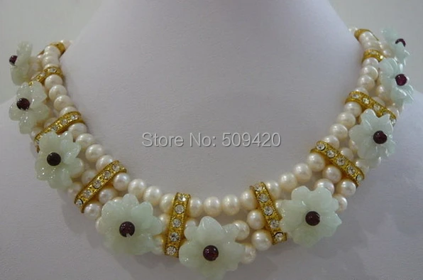 

Free Shipping Wholesale>>>Real White Pearl Natural Jade Flowers 18KWGP Crystal Pendant Necklace