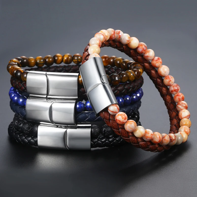 Davieslee 4 Color Men's Genuine Leather Bracelet Stone Beaded Bracelet