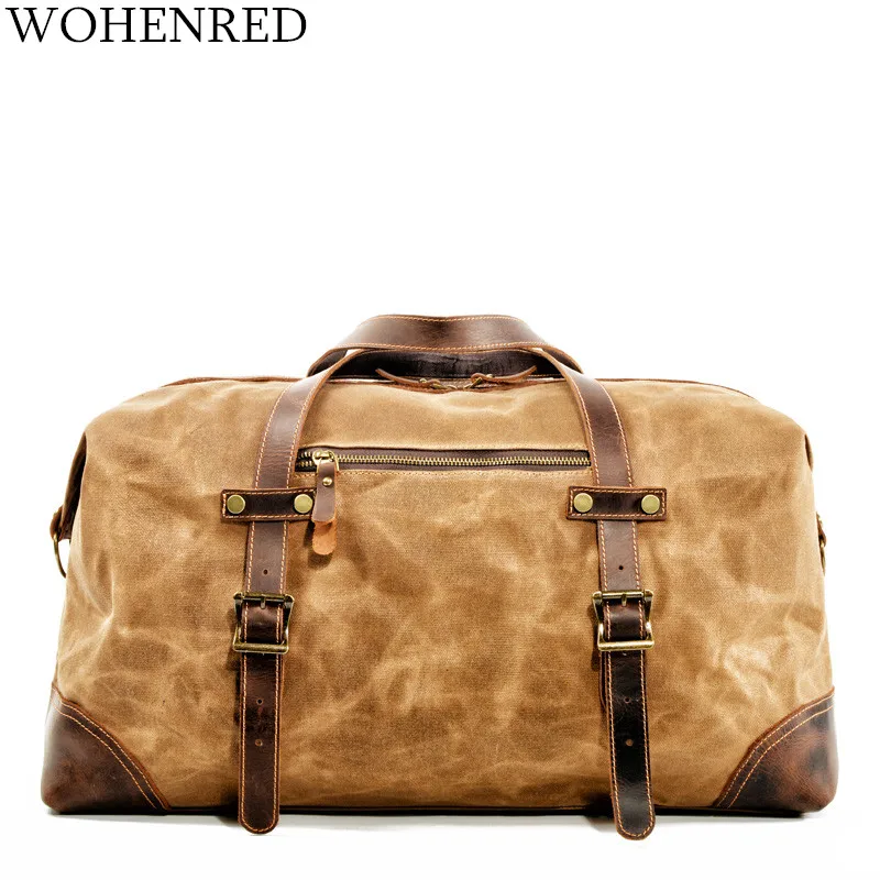

Men Oversized Travel Duffel Bag Waterproof Canvas Cow Leather Weekend bag Weekender Overnight Carry on Shoulder Hand Bag Brown