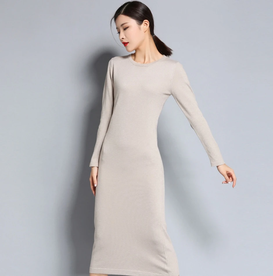 

2019 Spring And Autumn Women's Knitted Cashmere Wool Dress Round Collar Long style Solid Color Dress Free Shipping