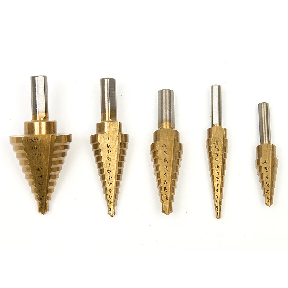 

5pcs HSS Titanium Coated Metal Step Drill Bits Hole Cutter Drilling Hole Saw Cutter Tool Drilling Set For Wooden 4241 Cone Core