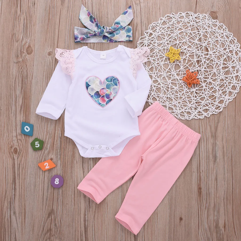 

Roupas Infantis Menina 2018 Baby's Clothes Toddler Kid Baby Girl Print Lace Romper Tops pants Floral Hair Band Clothes Sets@30