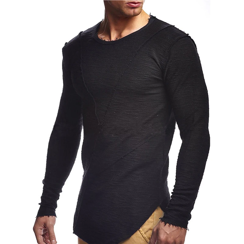 Comfortable Extend HipHop Men T Shirt Long Sleeve Basic Solid O-Neck Patchwork Loose Gyms Muscle Shirts Tee Male Clothing