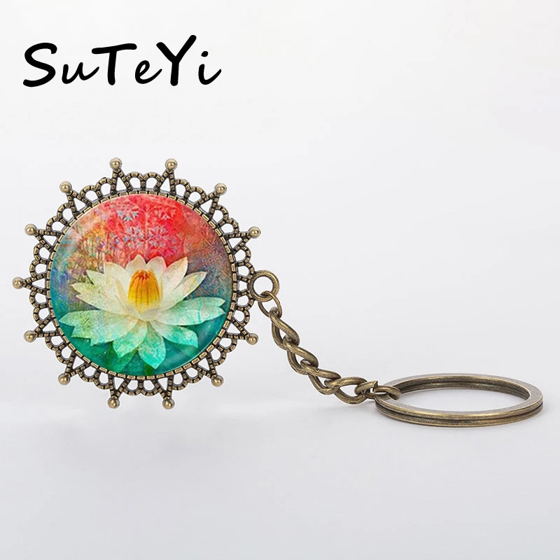 

SUTEYI New 2017 Women's Jewelry Rhinestone Mandala Key Ring Henna For Women OM Symbol Buddhism Zen Retro Keychain handmade