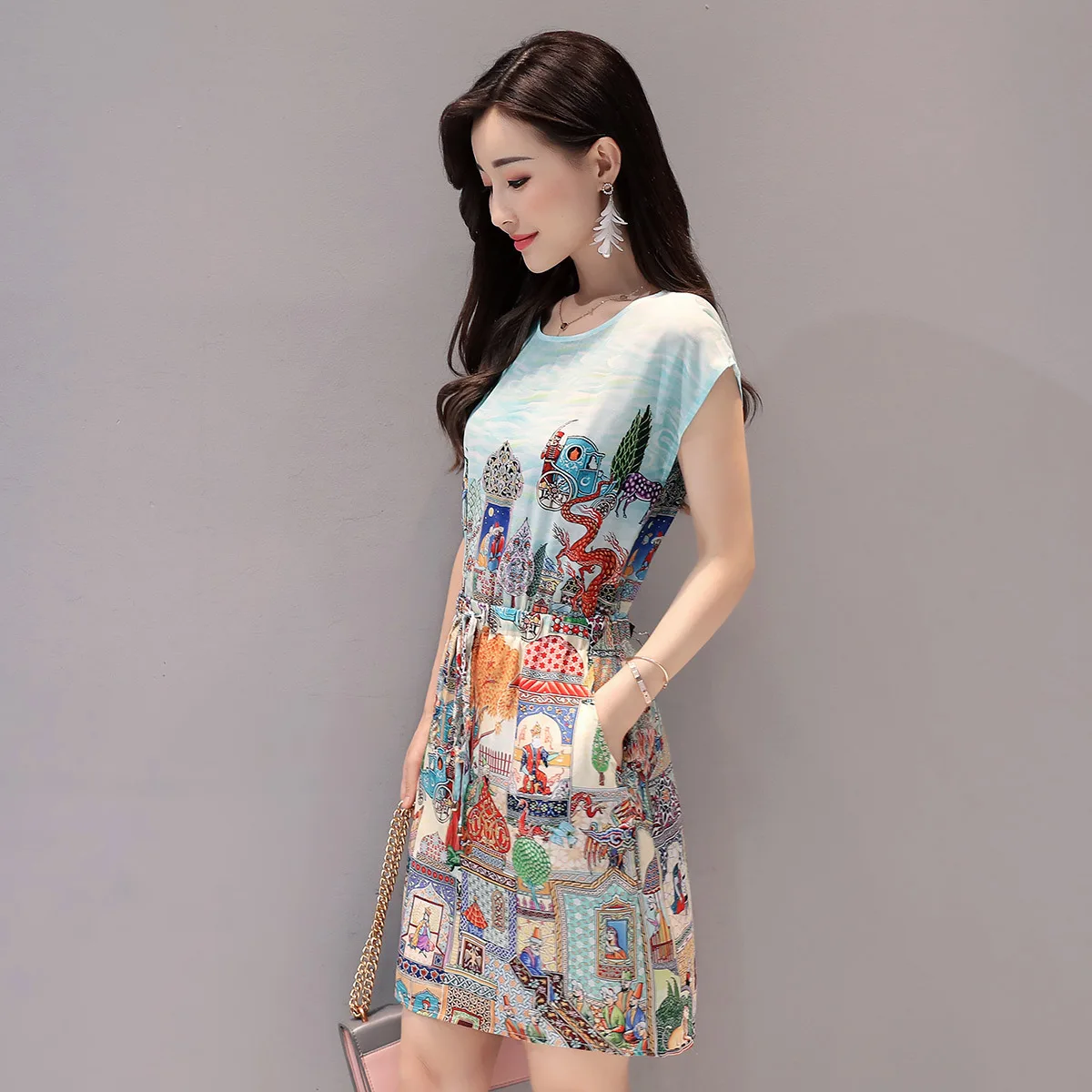 

New Fashion Summer Dress Pattern Print Chiffon Dress Slim Short-sleeved Package Hip Dress Female Mini Dress Girls Vestidos