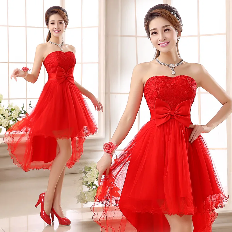 

2019 Sweet Memory Red White High Low Bridesmaid Dress with Bow SW1968