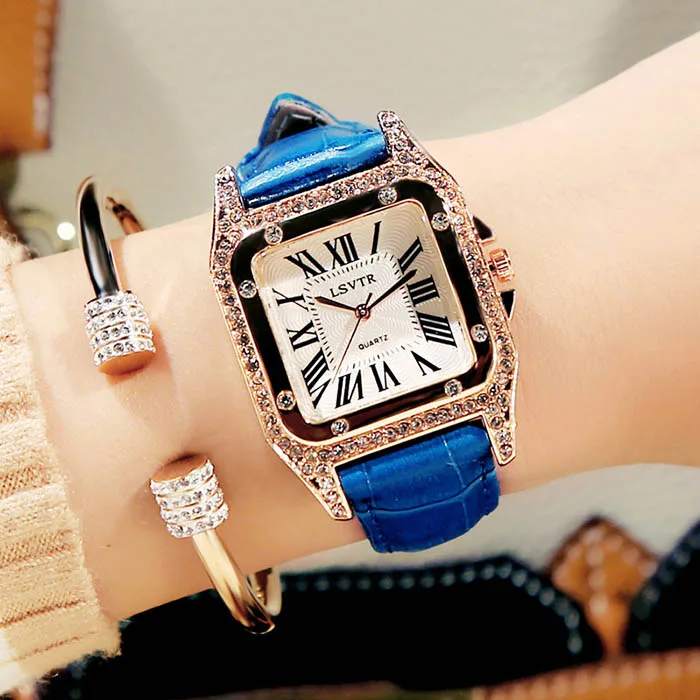 LSVTR роскошные женские часы с кристаллами под платье Топ бренд модные квадратные кварцевые часы из натуральной кожи Часы повседневные женские часы Dropship - Цвет: Синий