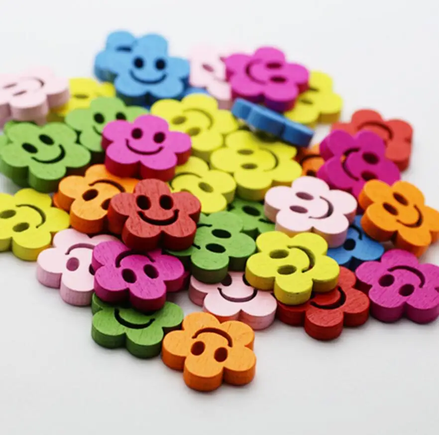 

100pcs 20mm Assorted Colors Cartoon Smile Flower Wood Buttons Bead For Handicrafts Sewing Scrapbooking Diy Craft Accessory