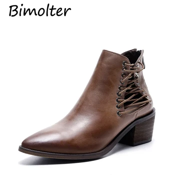 

Bimolter Ladies Real Leather High Heel Boots Women Narrow Band Elastic Thick Heels Boots Fashion Brand Chealsea Botas Mujer B074