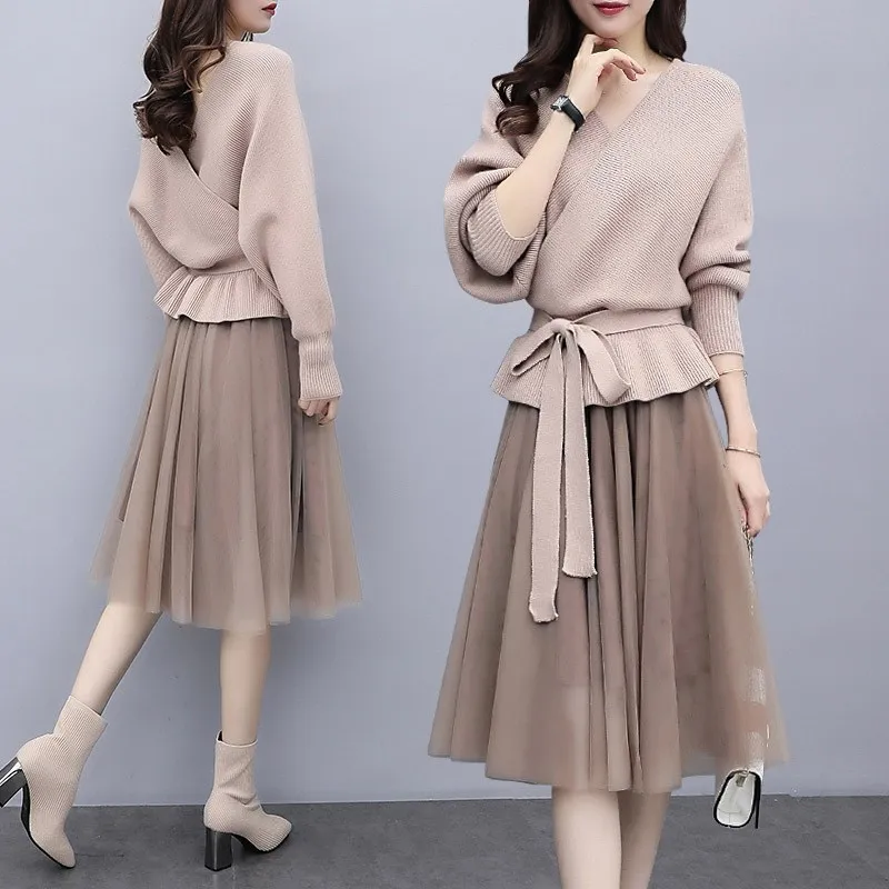 

2019 Spring Women V-Neck Long Sleeve Knitted Sweater Dress 2 Piece Sets Plus Size 4XL Elegant Bandage Tulle Dress