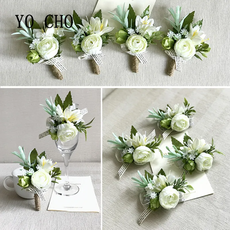 Buy YO CHO Exquisite Elegant Green White Wrist Corsage Flowers Artificial Rose
