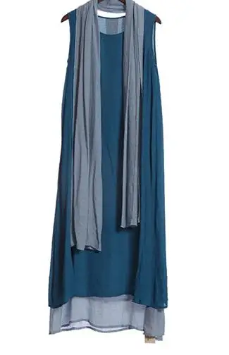 NINI WONDERLAND Весна Лето Женское двойное хлопковое льняное длинное лоскутное платье без рукавов Свободные повседневные платья с шарфом - Цвет: blue