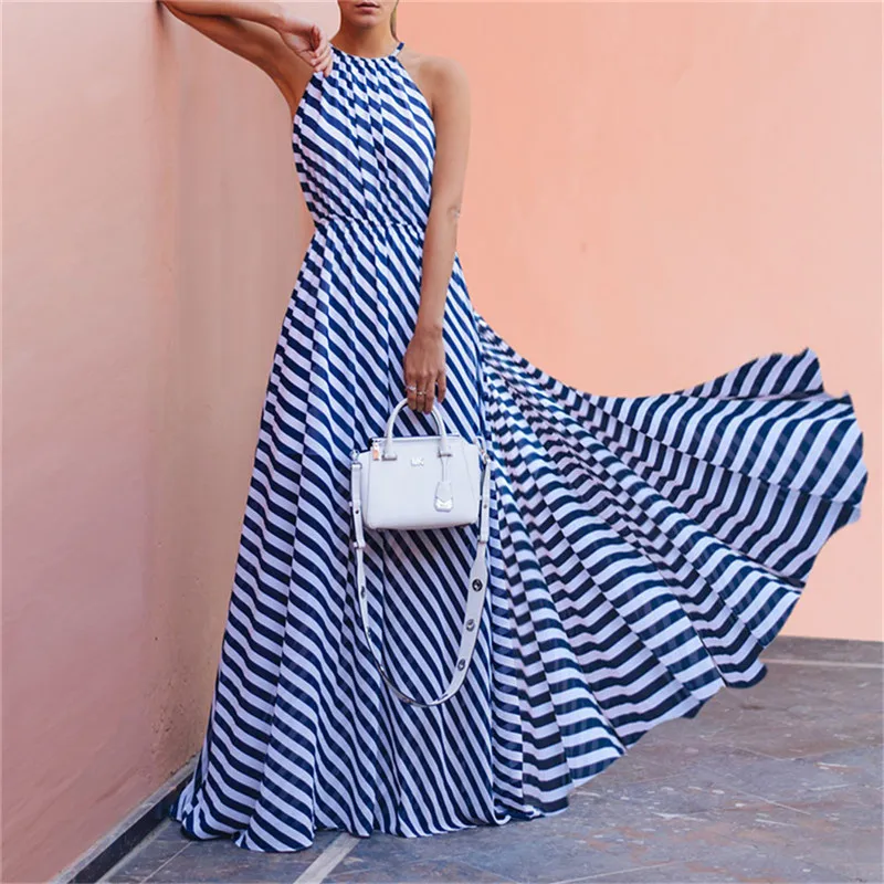 

HIRIGIN Newest 2020 Women Maxi Boho Backless Summer Long Striped Holiday Beach Party Sun Dresses