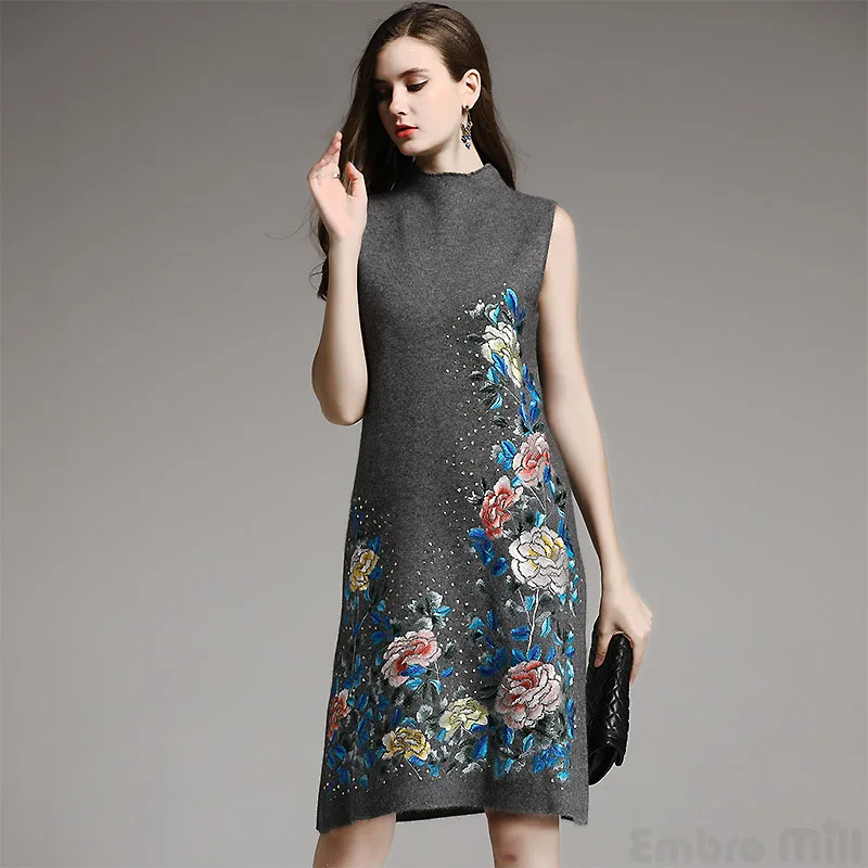 Эмбро мельница осеннее базовое платье в китайском стиле винтажное Королевское Платье с вышивкой и цветами элегантное женское свободное шерстяное вязаное платье m-xxl - Цвет: Темно-серый