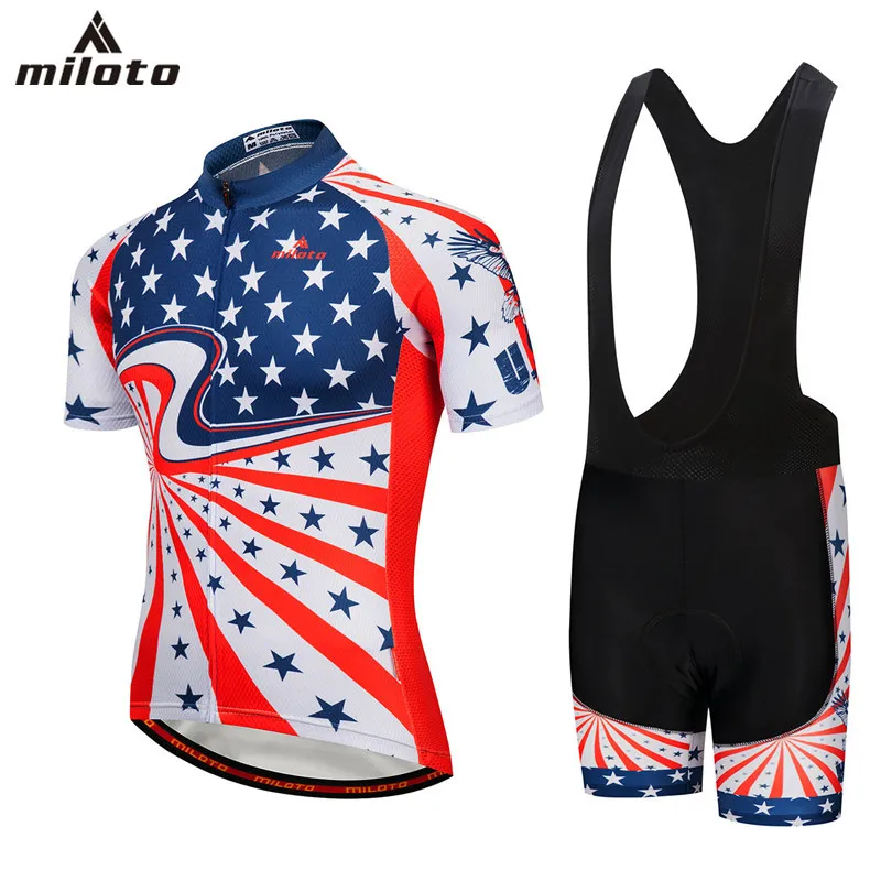 

USA Men's Cycling Jersey and Black Bib Shorts Sets Short Sleeve Reflective Miloto Bike Clothing Summer 2018 New Anti-shock Pad