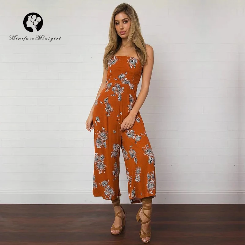 Boho Floral Print Summer Women High Waisted Jumpsuits Sexy Spaghetti