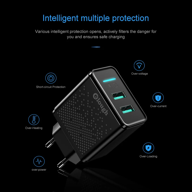 Elough شاحن يو اس بي ل iphone xiaomi huawei المزدوج usb الاتحاد الأوروبي التوصيل شحن سريع 5 V 2.4A ماكس السفر الهاتف المحمول شاحن محول