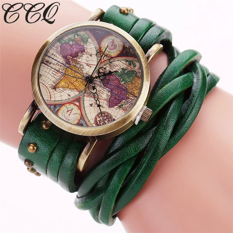 CCQ Brand Fashion Vintage Retro Rivet Braided Genuine Leather World Map Watch Casual Women Quartz Watch Relogio Feminino