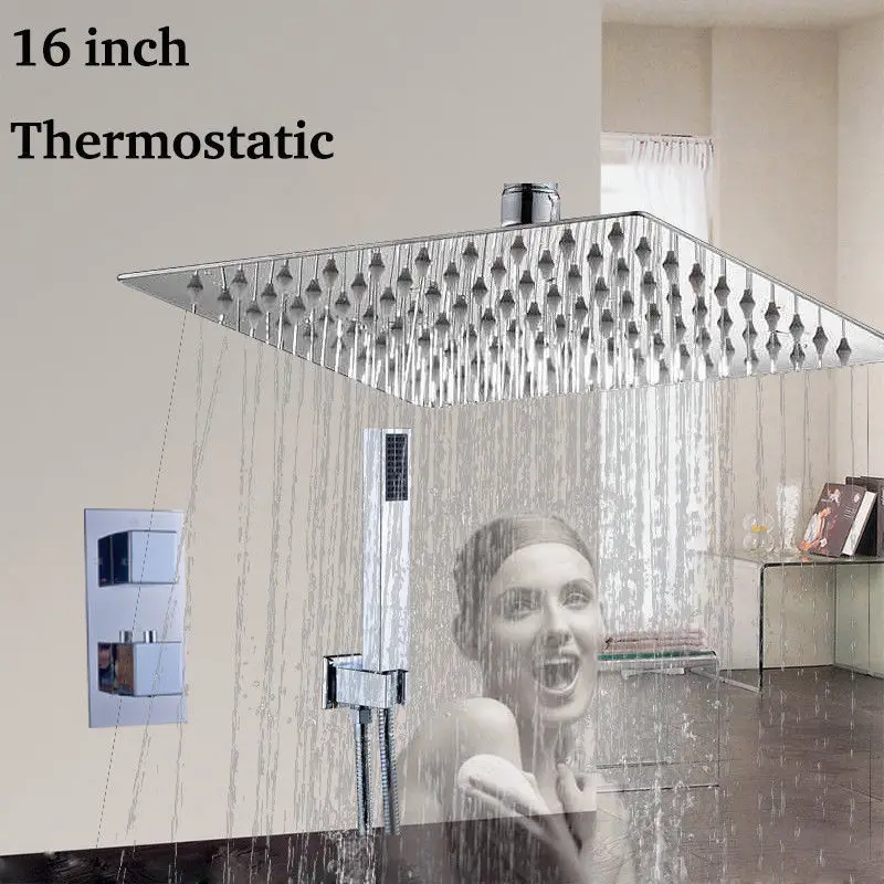 

Ceiling Mounted 16''Thermostatic Rainfall Shower Faucet Chrome Hand Spray Mixer Tap 2 Way Valve Top Shower Sprayer