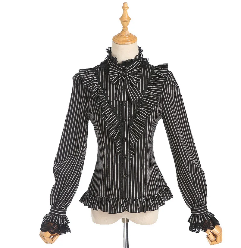 

Black & White Strip Women Vintage Collared Ruffle Lace Blouse Long Sleeve High Neck Bow Formal Shirt Jabot Ruched Top For Lady