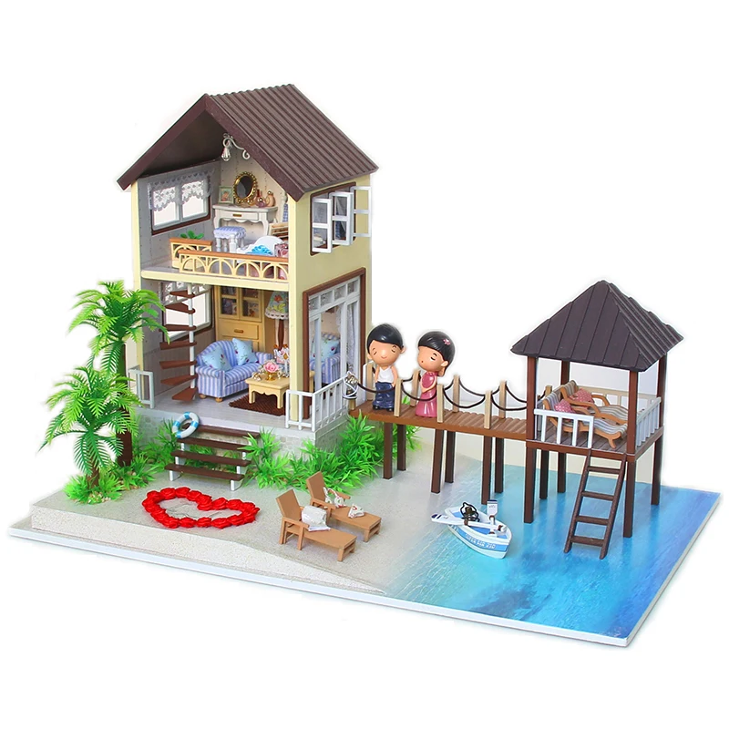 

2018 Cute Room DIY DollHouse Miniature Maldives Model Wooden Model with 3D Furnitures Doll House Handmade Toys Christmas Gift