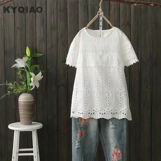 KYQIAO кружевная рубашка mori девушки осень лето японский стиль сладкий короткий рукав o-образным вырезом белый розовый сплошной кружева блузка блуза