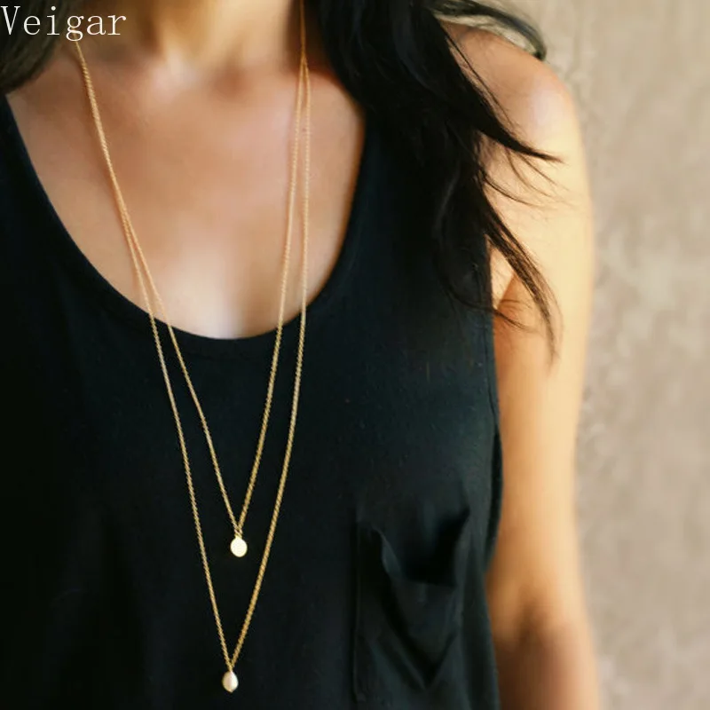 

Sharp-angled Imitation Pearl Pendants Necklaces Women 2019 Fashion Jewelry Double Chains Ladies Party Long Necklace Gold Color