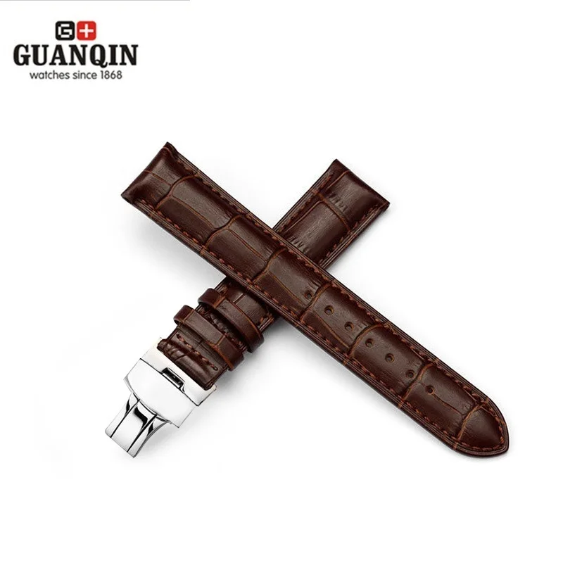 GUANQIN 20mm Watchbands Genuine Leather Black Brown Color Deployant Buckle Bracelet Watch Band For Butterfly Pattern Watches images - 6