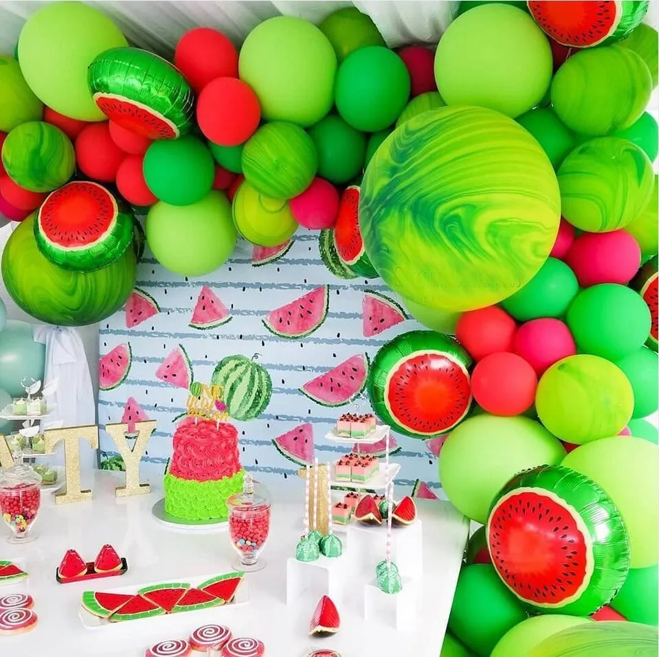 

1SET Lovely Watermelon Theme Fruit Cake Topper Summer Pool Party Banner/Balloons Led Light Wedding Birthday Decoration Supplies