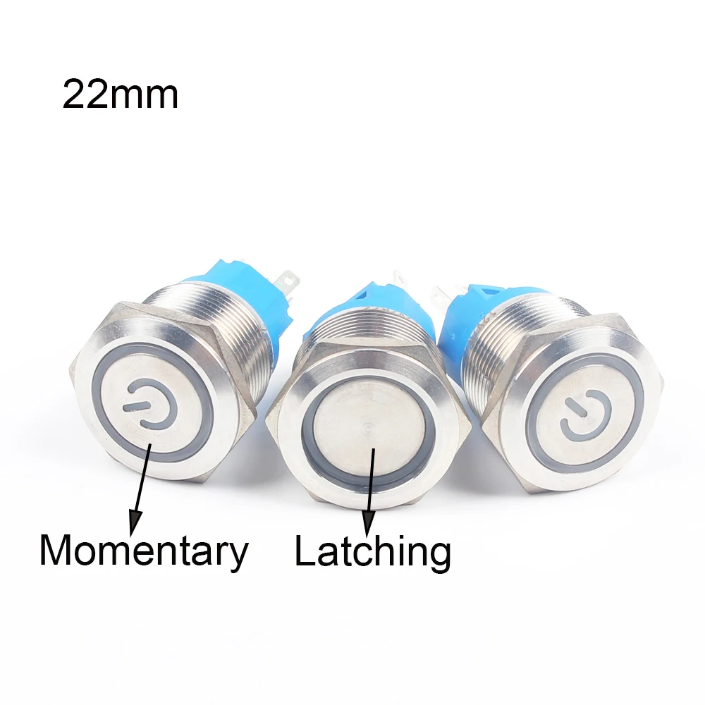 

New type 22mm LED Momentary/latching 5 pins flat round Waterproof Stainless Steel Metal Push Button Switch power ring/ring