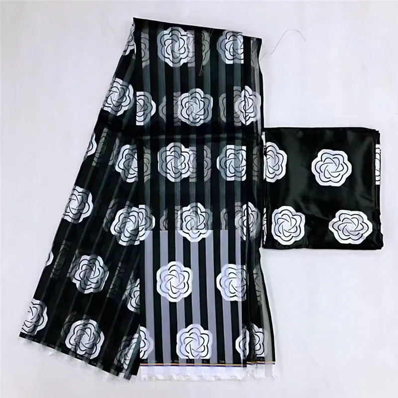 

Black African Style Printed Satin Silk Fabric with Organza Wax Print Fabric 4yards Organza Ribbon and 2yards Silk Fabric 30