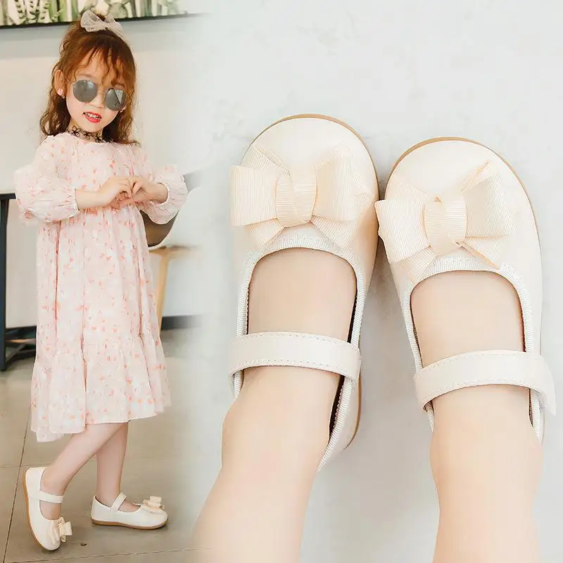 2019Children's shoes girls black princess shoes little girls children solid color soft bottom non-slip velcro bow kids shoes