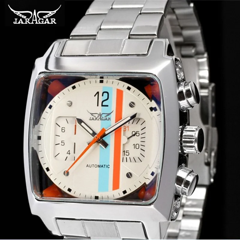 Fashion Casual JARAGAR Watches Mens Square Case Date Week Dial Display Stainless Steel Design Male Sport