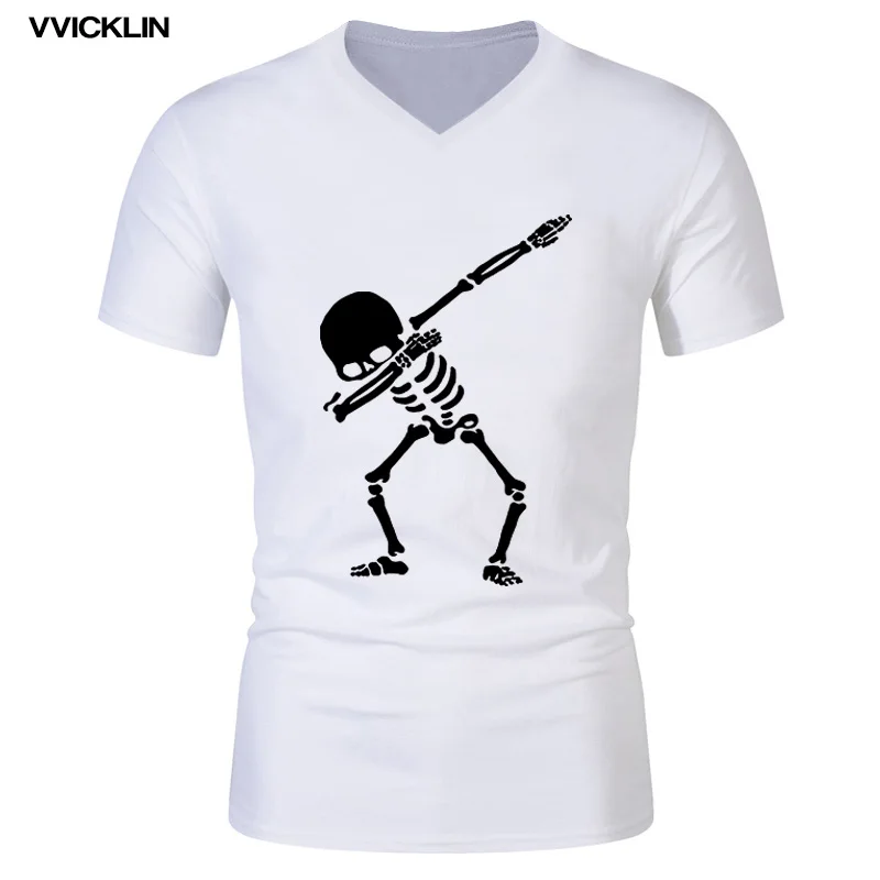 

2019 Summer V-neck Cotton Short Sleeve Hip Hop Dabbing Skeleton Mens T-Shirt Punk Black Shirts Men Funny Skull T Shirts EU Size