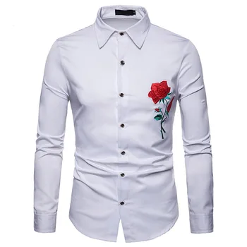 

Red Rose Embroidery White Shirt Men 2018 Brand New Slim Long Sleeve Camisa Social Masculina Casual Button Down Dress Shirt Male