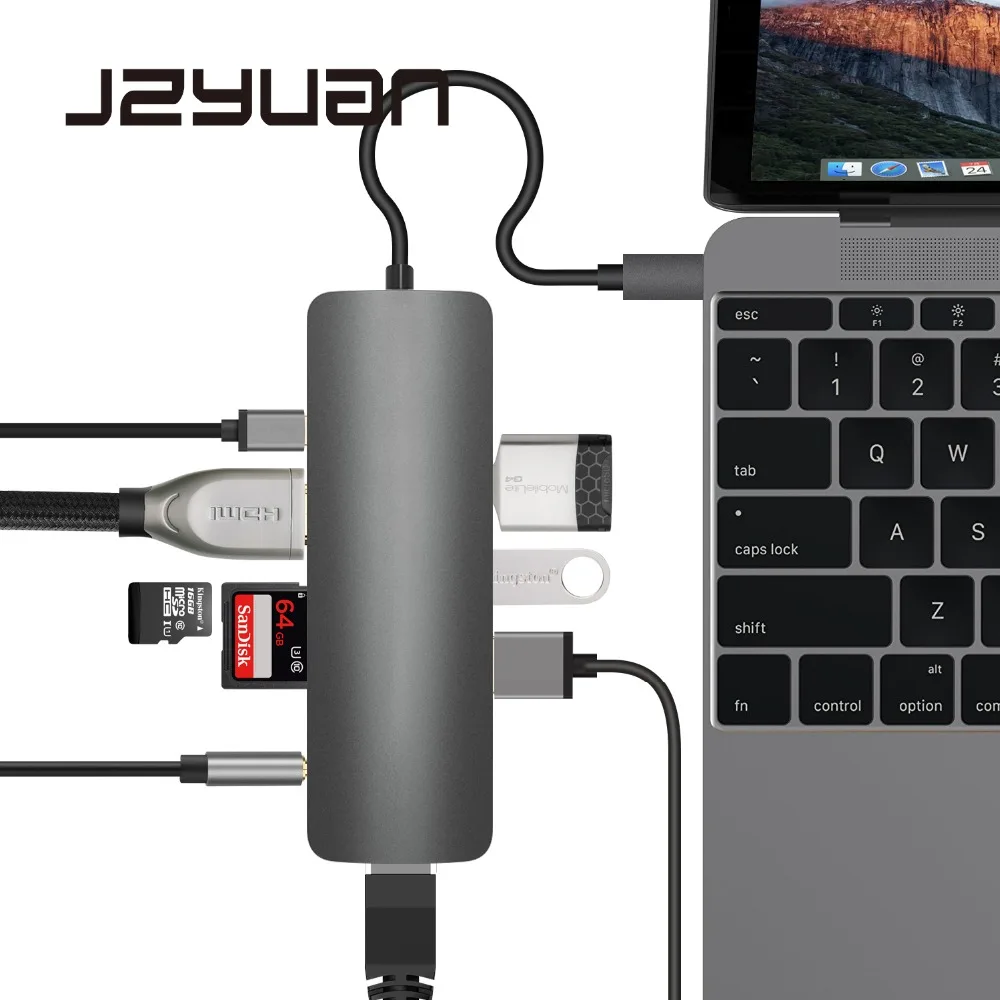 

JZYuan 9 in 1 USB-C 3.1 HUB to Type C PD HDMI 3.5mm Audio RJ45 Ethernet LAN Adapter SD/TF Card Reader USB C HUB For Macbook