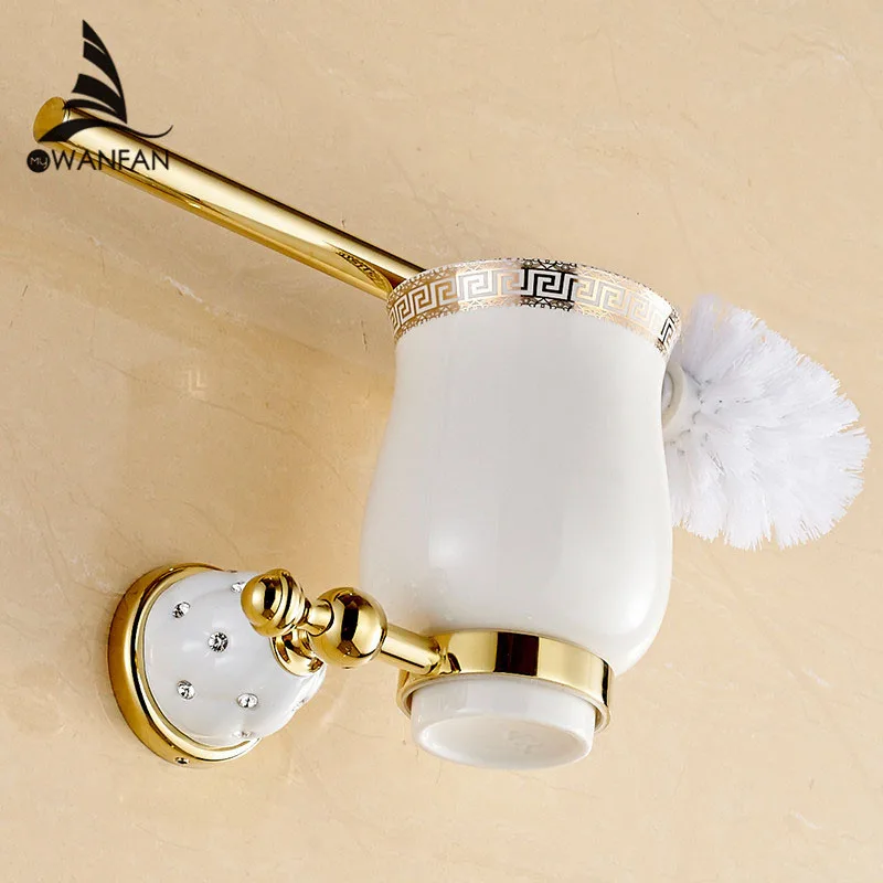 Online Wc bürstenhalter Gold Überzogene Wand montiert Wc Pinsel Halter Mit Keramik Tasse Haushalts Produkte Bad Hardware sets 5209