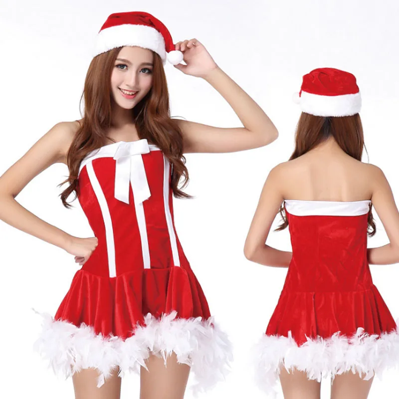 Girls Christmas Costumes Reindeer Cosplay Sexy Maid Waitress Uniforms Women Dress Red Clothing Set (5)