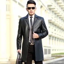 Модная деловая Натуральная Овчина кожаная куртка для мужчин средней длины Зубчатый воротник однобортный натуральная кожа пальто верхняя одежда